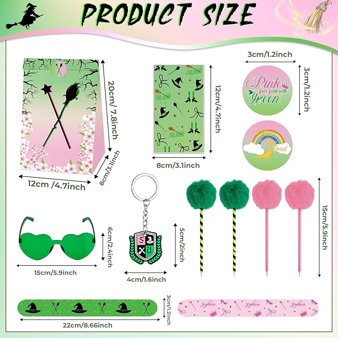84pcs Pink and Green Witch Party Favors Birthday Decorations Pens Notepads Sunglasses Paper Gift Bag Key Chains Slap Bracelet Sticker Halloween Themed Party Supplies for Kids Student Gift School Party