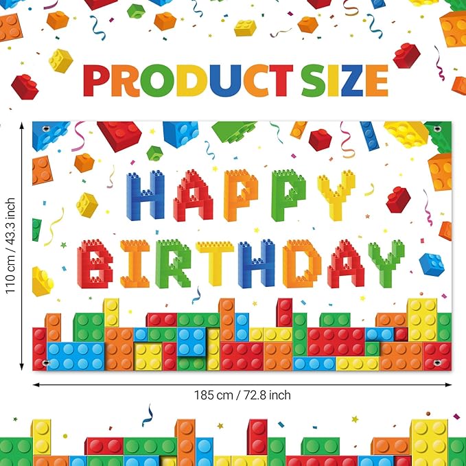 Panelee Building Block Birthday Banner Building Blocks Party Backdrop Decoration Happy Birthday Banner Photography Background for Party, 72.8 x 43.3 Inch(White)