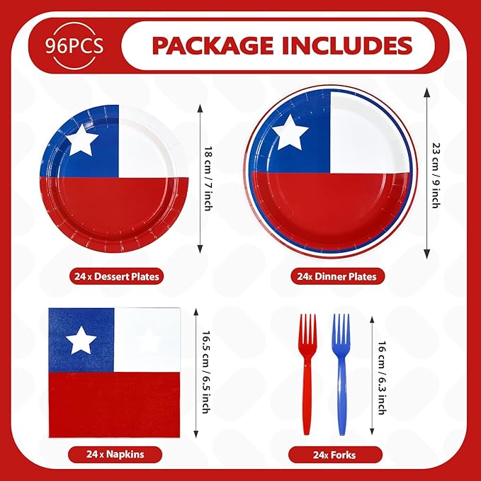 96Pcs Chile Flag Party Supplies Chilean Flag Plates and Napkins National Country Decoration Chile Themed Tableware Set for Chilean Patriotic Country Festival Party Supplies，Serves 24