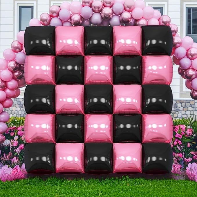 Pink Black Square Foil Balloon Wall,25Pcs Double Sided Foil Balloons Backdrop Helium Polyester Tunnel Arch Garland Kit for Birthday Bridal Anniversary Baby Shower Party Decorations