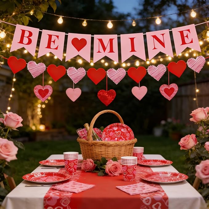 Valentine's Day Party Supplies Serve 24, 97 Pcs Hot Heart Love Disposable Paper Plates Napkins Cups Plastic Tablecloth with Banner for Valentine's Day, Engagements, Anniversary, Birthday Party