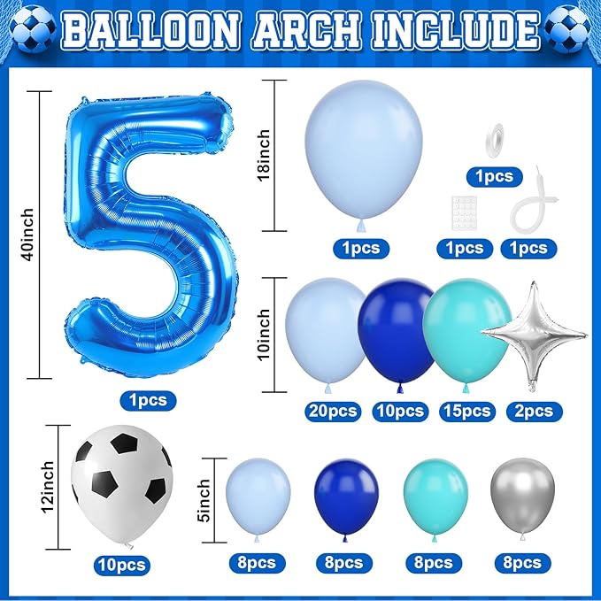 Soccer 5th Birthday Decorations for Boys, Royal Blue Teal Light Blue Balloon Garland Arch Kit with 40 Inch Blue Number 5 Balloon, Soccer 5th Birthday Balloons Arch for Kids Football Theme Club Party