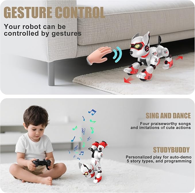 Realistic Robot Toy Puppy, Intelligent Programming Robot Dog, Remote Control and Interactive Gesture Function, Imitate Animal Music and Dance,Nice Gift for Boy or Girl 3-5 5-8 Ages