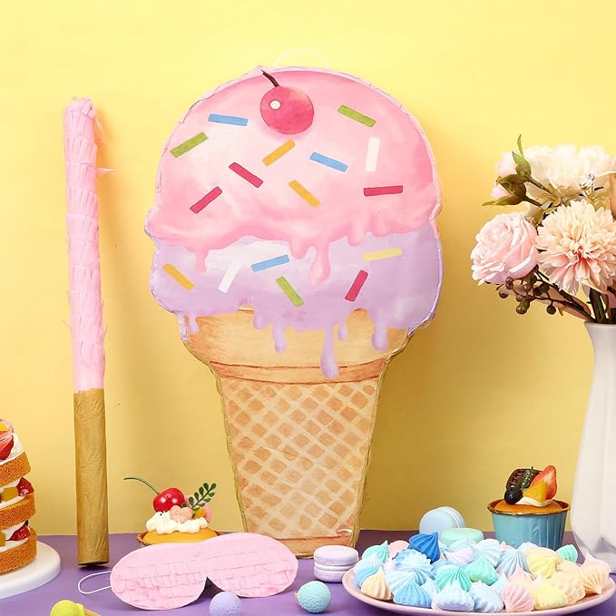 Capoda Pink Ice Cream Piñata Cute Dessert Cone Shaped Piñata with Stick Blindfold for Ice Cream Candy Birthday Party Summer Baby Shower Wedding Party Supplies Decor, 15.8 x 9.5 Inch