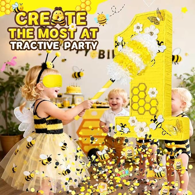 25" Large Number 1 Pinata - Includes 24" Bat Stick, Eye Mask, Rope | Queen Bee Pinatas with Butterfly, Daisy, Bumblebee Themed Party Supplies and Decorations, Kids First Birthday Party Décor
