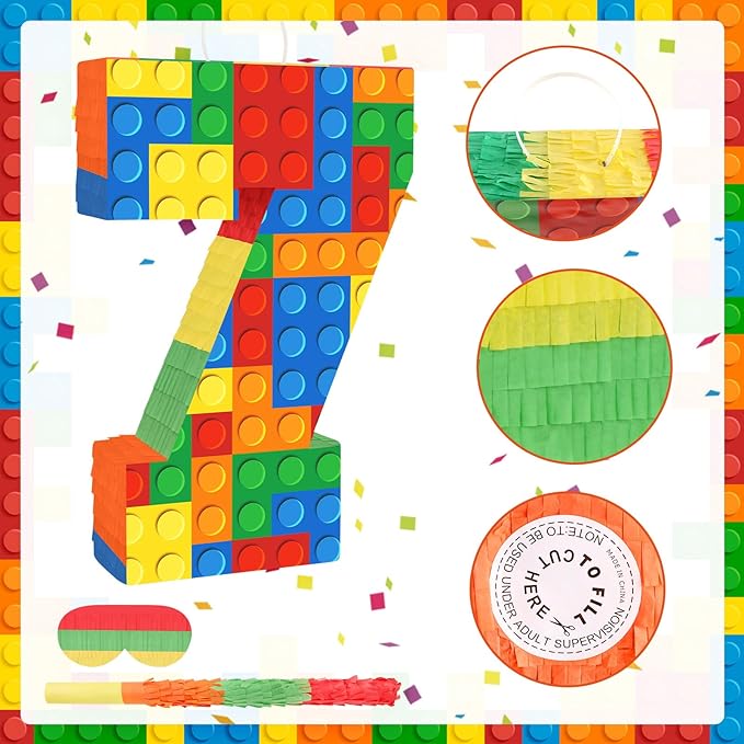 Number 7 Pinata with Blindfold and Bat Stick Building Block 7th Birthday Decorations for Kids Boys Girls Building Block Birthday Party Games Number Pinata for Fiesta