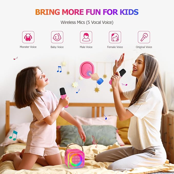 Mini Karaoke Machine with 2 Wireless Microphones for Kids Adults, Portable Bluetooth Singing Speaker Birthday Fun Gift for Girls Boys Ages 4,5,6,7,8,9,10+ Year Old, Toys for Party (Hotpink)