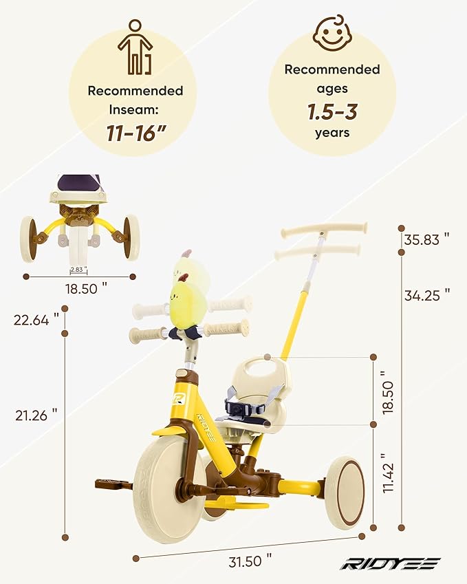 5-in-1 Kids Tricycle for Toddlers 1.5-3, Tool-Free Convertible Kids Push Trike to Balance Bike, Safety Belt, Removable Backrest and Footrest, Ride-On Toy for Boys & Girls, Yellow