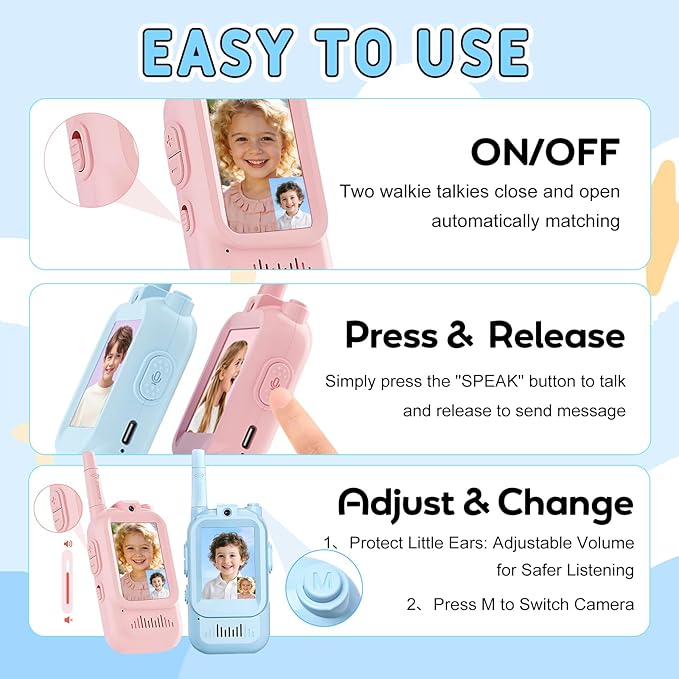 Video Walkie Talkies for Kids, 2 Pack Handheld Rechargeable Walkie Talkies-Christmas Birthday Gifts for Kid Age 3-12, Toddler Indoor Outdoor Toys- Family Games, Outside, Camping, Hiking Blue&Pink
