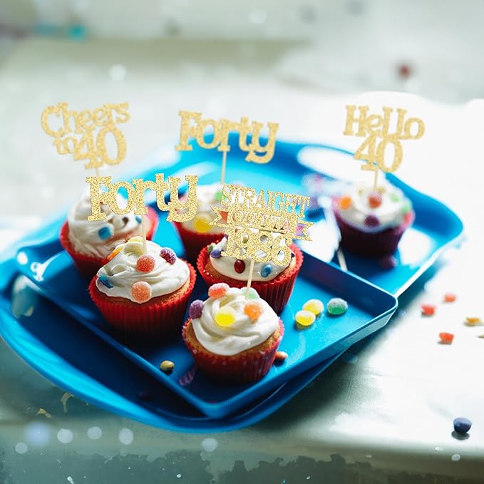 Ephlyn 24Pcs Happy 40th Birthday Cupcake Toppers Glitter Forty Cupcake Picks Hello 40 Cheers to 40 Years Birthday Cake Decorations for 40th Birthday Anniversary Party Supplies Gold