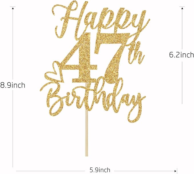 Happy 47th Birthday Cake Topper, 47th Birthday Decorations, Cheers to 47 Years, Hello 47, 47th Happy Birthday Party Supplies Gold Glitter