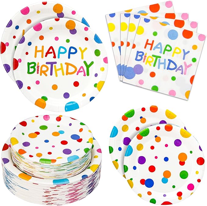 180PCS Happy Birthday Party Supplies Serves 60,Rainbow Dot Party Paper Plates and Napkins Set for Kids Boys Girls Birthday Party Decorations
