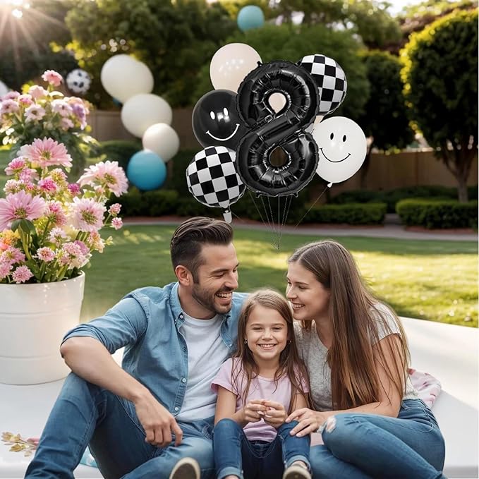 100% LIKED-One Happy Dude Balloon Set, 40” Black Number|Black & White Smiley Face Latex |Checkered Foil for One Happy Dude Birthday Decorations, Baby Shower, 8th Birthday Party Supplies (Black8th)