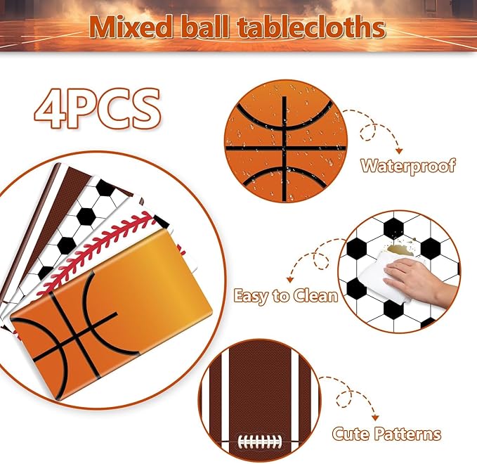 4 Pcs Sports Themed Party Tablecloths, Soccer Baseball Basketball Football Table Covers for Sports Themed Party Decorations Boys Birthday Party Supplies, 51 x 86 inches