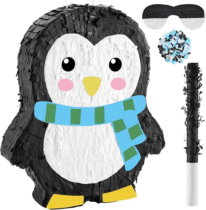 Lewtemi 15.1 Inch Penguin Piñata Penguin Party Supplies Candy Animal Piñata with Stick Confetti and Blindfold Gift for Boy Girl Adult Winter Theme Birthday Party Supplies Decorations (Classic)