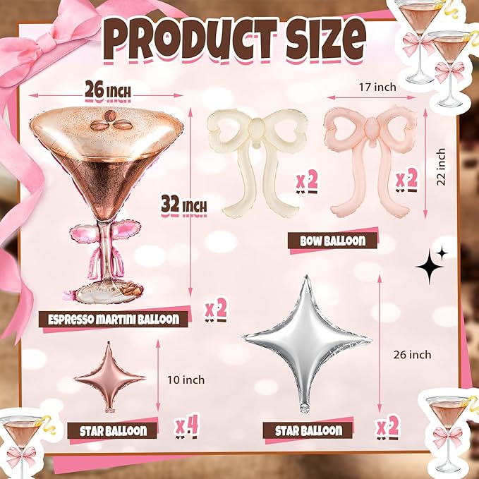 Civaner 12 Pcs Espresso Martini Balloon with 2 Realistic Giant 32 x 26 Inches Martini 4 Pink Bow and 6 Star a Tini Bit Older Birthday Party Decor for Bachelorette Bridal Shower Wedding Party Supplies