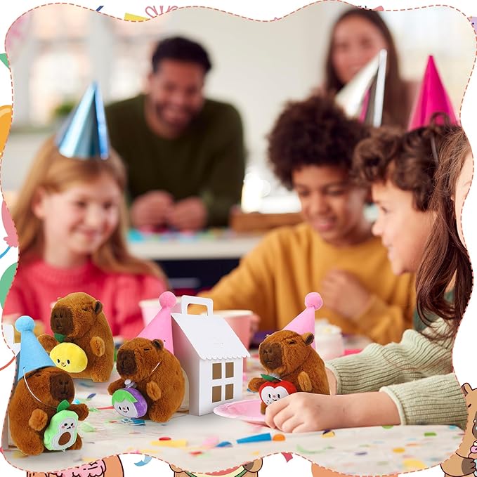 103 Pcs Adopt a Capybara Party Favors Capybara Themed Favors Boxes Include 12 Mini Plush Dolls 12 Boxes 12 Birthday Hats 12 Cards and 55 Stickers for Birthday Party Gifts Decoration