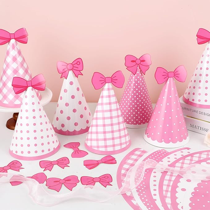 24pcs Pink Cat Party Hats Bow Birthday Party Supplies Cartoon Cute Cone Hats Pink Cat Stripe Dot Paper Hat with Elastic String for Girls Baby Shower Bridal Shower Decorations