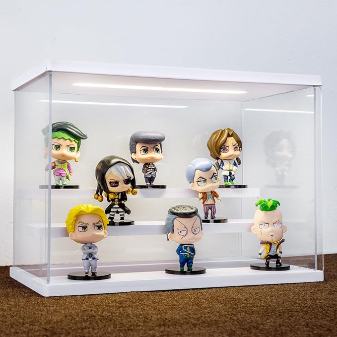 Clear Acrylic Display Case with Light , 3 Tier Display Box Stand Assembly Dustproof Protection Showcase for Collectibles Action Figures (White 12.6×7×9in; 32×18×23cm)