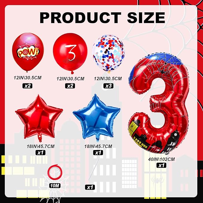 Cartoon Hero 40 Inch Red and Blue Spider Theme Number Foil Birthday Decoration Balloons, Cartoon Party Birthday Supplies, Number large Balloons for Spider Theme Party (3)