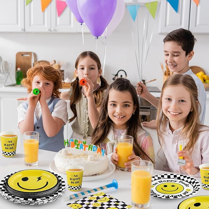 durony 196 Pieces One Happy Dude Birthday Party Decorations First Birthday Smile Face Party Tableware Set Smiley Plates Cups Napkins Forks for One Happy Dude Party, 1st Party, Serve 28 Guest