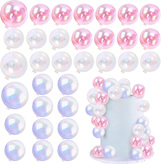 32 PCS Colorful Ball Shaped Cake Topper Pearl Balls Cupcake Cake Insert Topper for Birthday Party Wedding Decoration (White Clear Pink)