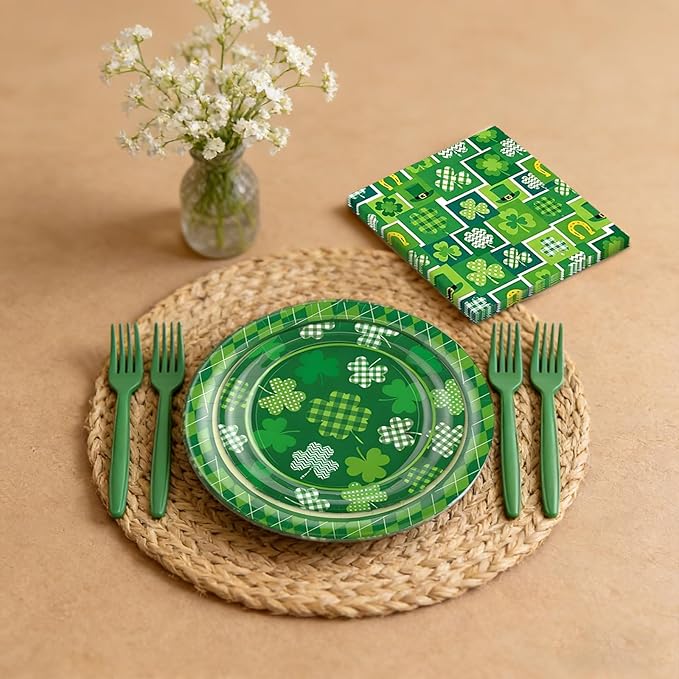 St. Patrick’s Day Tableware Set, 96 Pcs Lucky Green Shamrock Disposable Dinnerware with Paper Plates, Napkins, and Forks for St Patrick Day, Irish Party Supplies- Serves 24