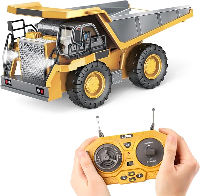 PREPOP Kids' RC Dump Truck Toy - Remote Control Construction Truck with Metal Bed, Lights & Sounds, for Boys Ages 6-10 Years and Up