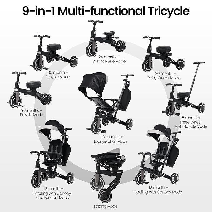 Aneco 9-in-1 Multi-functional Baby Tricycle for Toddlers 10 Months-3 Years with Removable Canopy Rotatable Seat Safety Harness Wheel Brake Adjustable Push Handle Storage Bag Cup Holder, Black and Gray