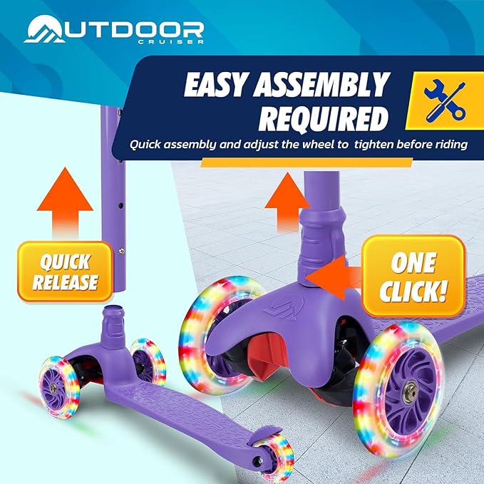 Outdoor Cruiser 3-wheel Kids Scooter – With Lean-to-steer Technology, Wide Deck, Led Lighted Wheel, 4-level Adjustable Height T-bar Handle, Support Kid Up to 150 Lbs, for Boys & Girls Ages 3-8, Purple