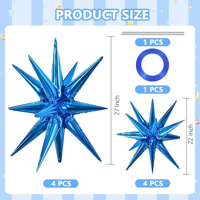 TONIFUL 8 Pcs Blue Star Foil Balloons - Large Star Mylar Balloons for Party Backdrop - Christmas, New Year, Birthday, Wedding, Baby Shower, Anniversary, Photo Booth Supplies