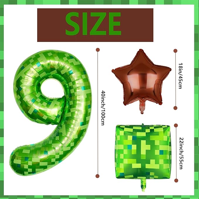 5Pcs Green Pixel Miner Number 9 Foil Balloon Set 40 Inch Large Mylar Mining Theme 9th Number Balloons Pixel Cubes Boxes Video Game Birthday Party Decorations