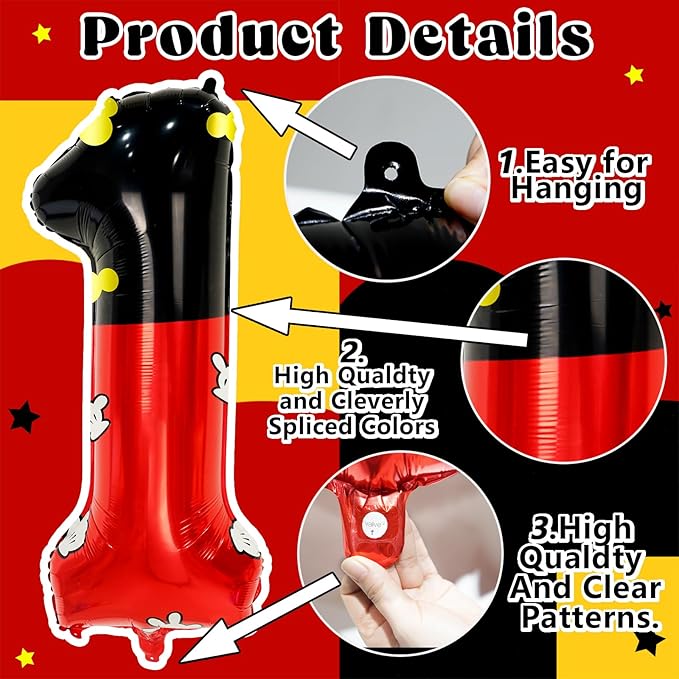 YIIHMEI 1st Mouse Balloons Birthday Decorations Baby Shower Party Supplies Boy Red And Black Foil Balloon Banner 40inch Number