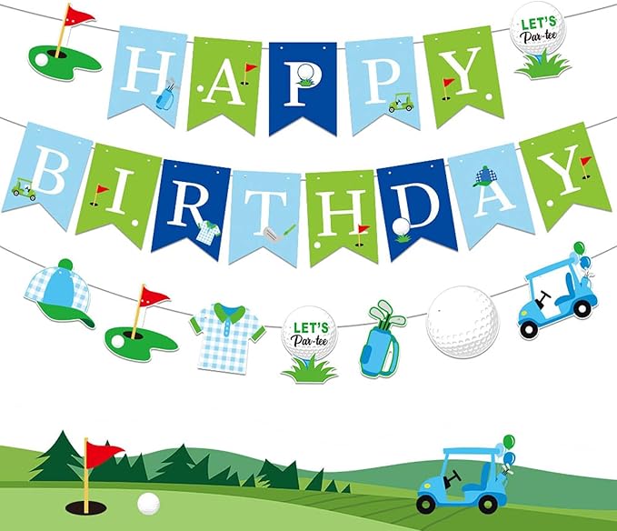 Zwiebeco Blue Green Golf Happy Birthday Banner Bunting Garland Hanging Paper Party Decorations for Boys Girls Mens Womens Adults Golf Sports Themed Bday Decor Accessories Supplies