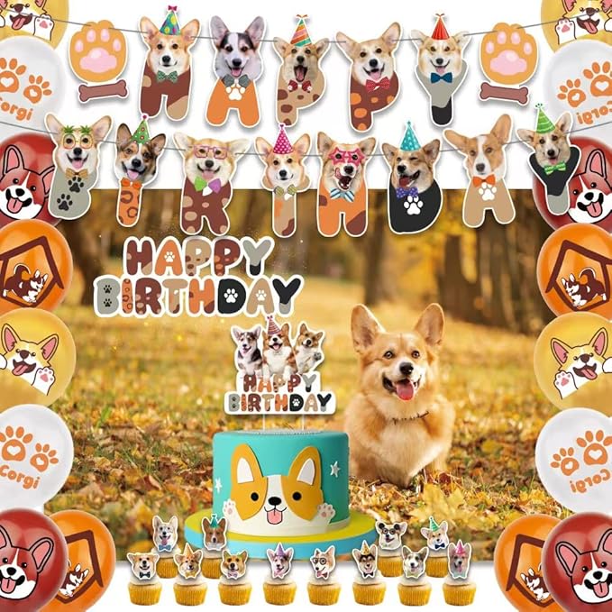 Corgi Birthday Party Decorations Backdrop Banner Photography Background Cute Corgi Theme Banner Balloons Cake Toppers Cupcake Toppers Pet Party Kit For Corgi Dog Birthday Party Supplies Decor