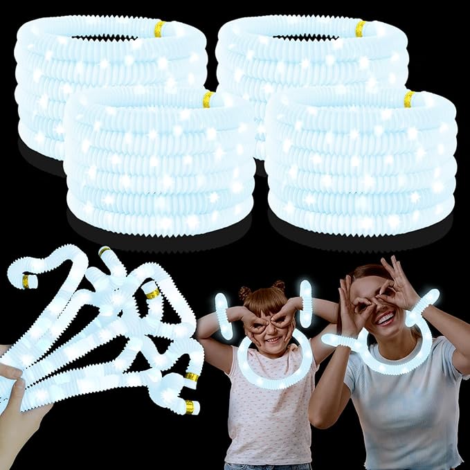 24 PCS White Glow Sticks Party Favors for Kids, LED Light Up Necklaces Bracelets Accessories for Toddlers, Glow Birthday Valentines Day Mardi Gras Party Supplies Decorations for Boys Girls