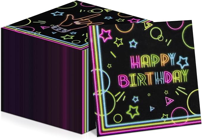 100Pcs Neon Napkins, 13 x 13 Inches Glow in The Dark Paper Napkins, Black Light Glow Party Supplies Tissue Paper for Lets Glow Crazy Party Neon Fluorescent Birthday Party Decorations