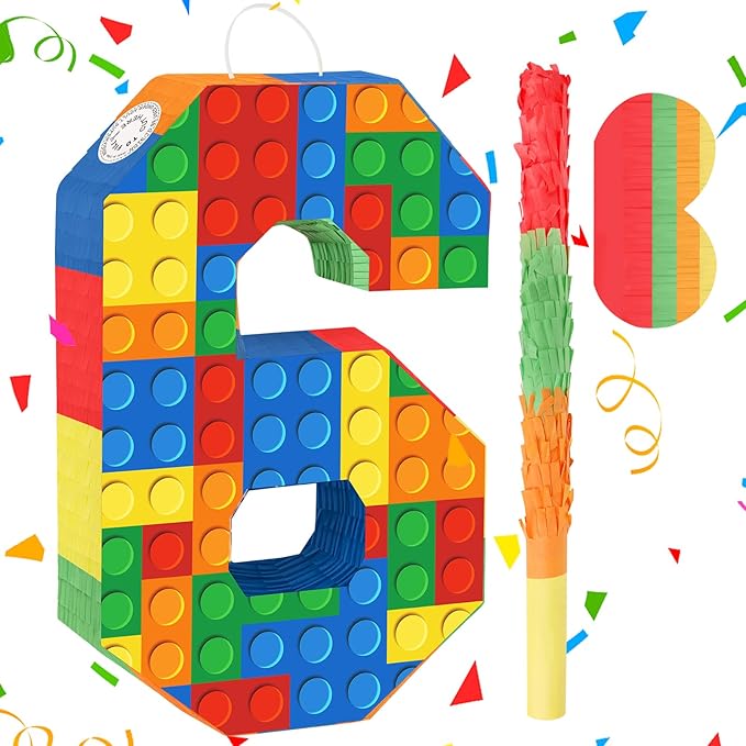 Building Blocks 6th Birthday Party Decorations Number 6 Pinata with Pinata Stick & Blindfold for Kids Girls Boys Happy Birthday Building Block Theme Party Supplies Carnival Games