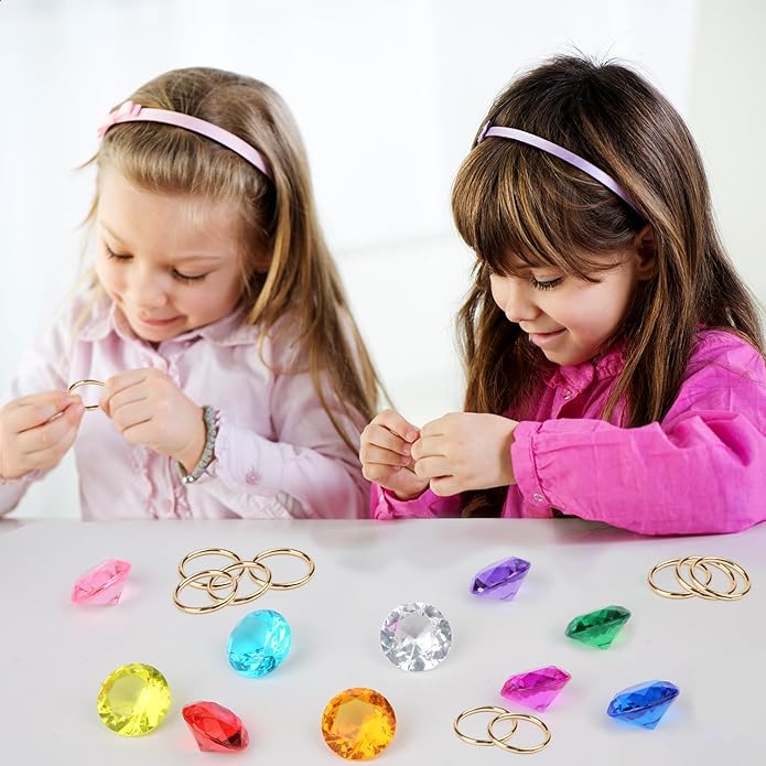 Chaos Emeralds and Rings Set, Include 10pcs Acrylic Crystal Diamond Gems with 10pcs Gold Power Rings Pirate Treasure Hunt Jewels for Kids Birthday Party Favor Supplies Cake Decoration