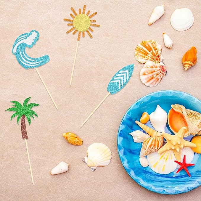 24 Pack Surfing Cupcake Toppers Glitter Summer Theme Surfboard Beach Cake Decorations Picks for Summer Beach Party Birthday Party Supplies (Surfing)