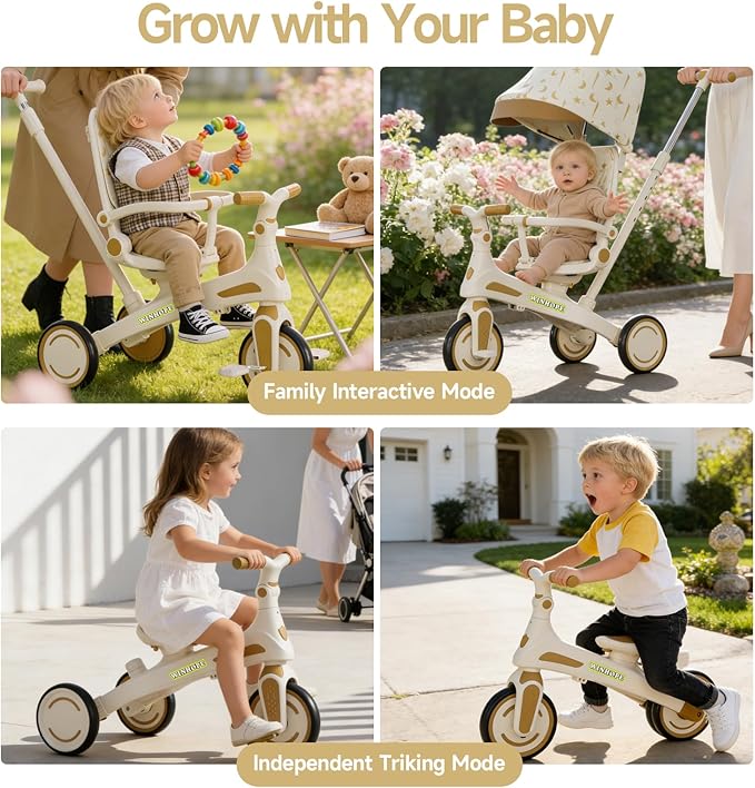 Winhope Kids Tricycle, 6 in 1 Baby's Tricycle Toddler Trike with Adjustable Push Handle, Reversible Seat and Canopy, Baby Stroller for 1-6 Year Olds, Suitable for Outdoor Activities (Beige)