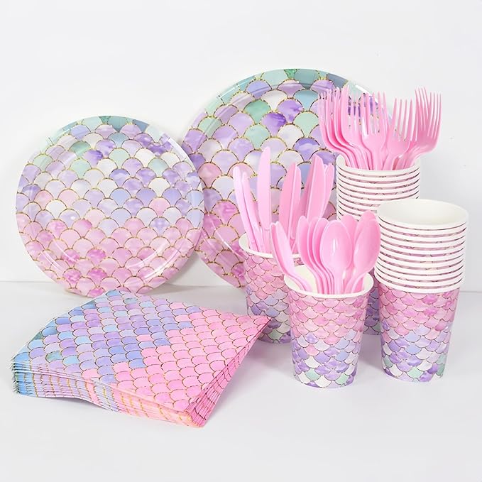 168 Pcs Mermaid Birthday Party Decorations Plates Set for 24 Guests, Little Mermaid Party Supplies Ocean under the Sea Party Plate Napkins Knives Forks Spoons Cups for Princess Girls