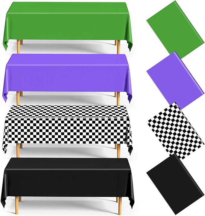4 Pack Race Car Checkered Plastic Tablecloth 54 x 108 Inches Purple Green Truck Table Cover Black White Gingham Disposable Rectangle Table Cover for Birthday Party Outdoor Camping