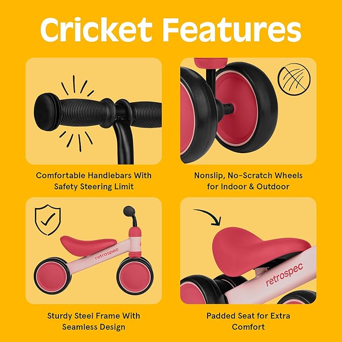 Retrospec Cricket Baby Balance Bike, 4-Wheel Ride-On Toy for Ages 12-24 Months – First Bike & Toddler Bike for 1 Year Old Boys & Girls, First Birthday Gift