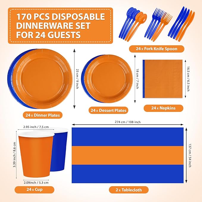 170Pcs Orange and Blue Birthday Party Supplies Blue and Orange Plates and Napkins Cups Forks Tablecloth Dart War Tableware Sets for Boys Baby Shower Fiesta Congrats Graduation Party Favors Serves 24