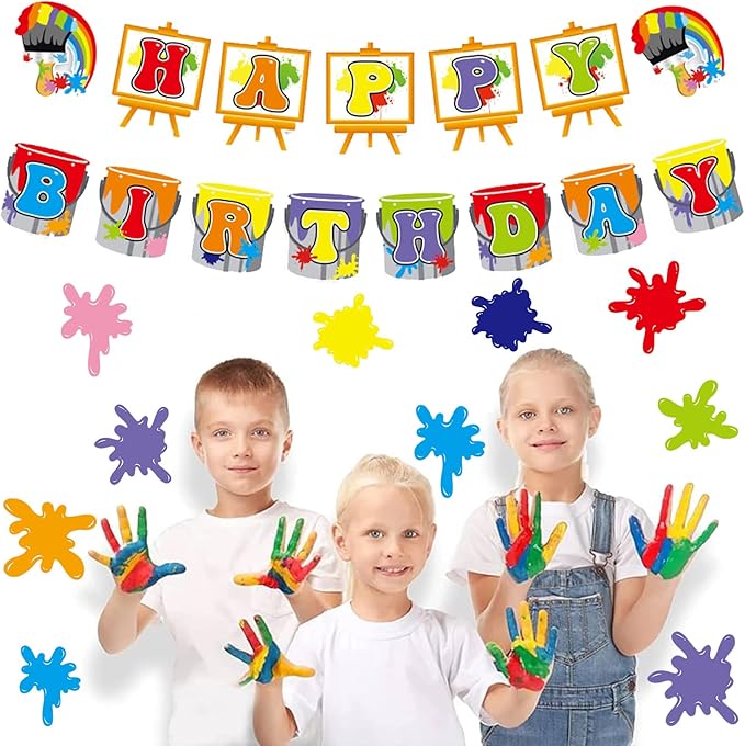 Zwiebeco Colorful Painting Art Happy Birthday Banner Hanging Paper Sign for Girls Boys Kids Adults Graffiti Paint Themed Birthday Party Decoration Supplies