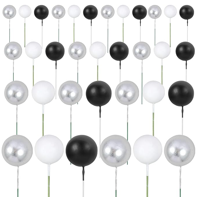 Gyufise 30Pcs Balls Cake Toppers Ball Picks Ball Shaped Cupcake Toppers Foam Balls Cake Topper Mini Balloons Cake Decorations for Wedding Baby Shower Birthday Party Supplies Black White Silver