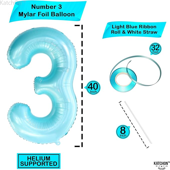 KatchOn, Giant Light Blue Number 3 Balloon - 40 Inch | Blue 3 Balloon Number for 3rd Birthday Decorations | 3rd Anniversary Decorations | Baby Shark Birthday Decoration