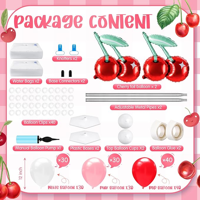 Kasyat 2 Set Cherry Balloon Column Stand Kit with Adjustable Balloon Arch Kit Red Cherry Party Supplies for Girls Summer Fruit Wedding Baby Shower Birthday Party Supplies