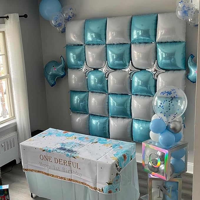 Blue White Square Foil Balloon Wall,25Pcs Double Sided Foil Balloons Backdrop Helium Polyester Tunnel Arch Garland Kit for Birthday Bridal Anniversary Baby Shower Party Decorations